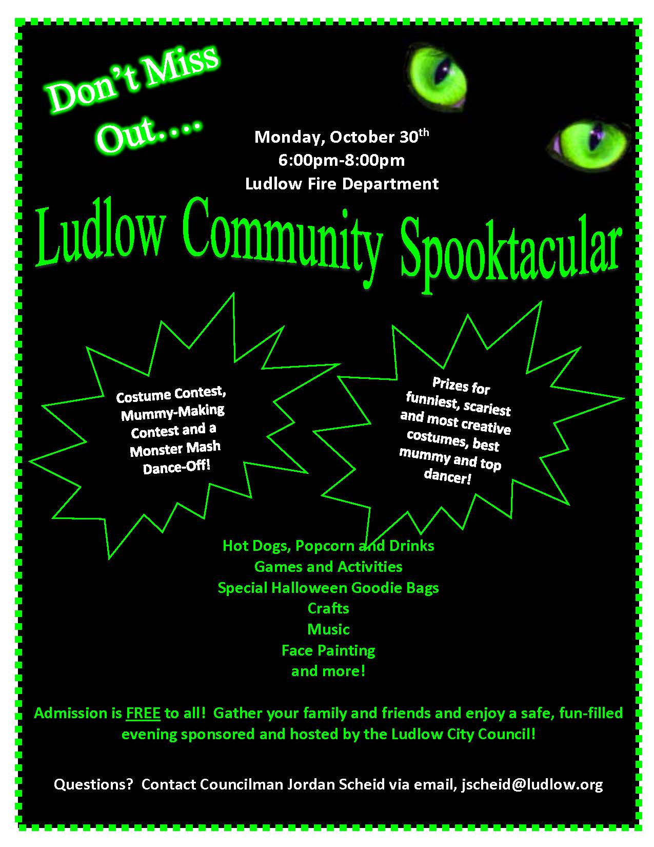 Flyer for Ludlow Community Spooktacular at Ludlow Fire Department on October 30, 6-8 PM, featuring contests, food, and activities.