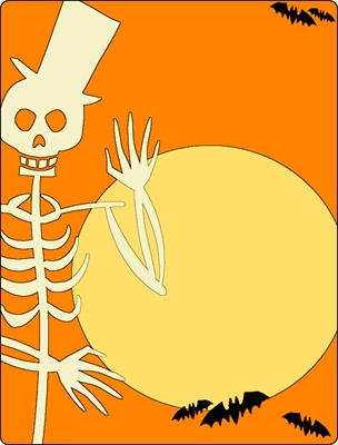A cartoon skeleton with a top hat waves in front of a large yellow moon on an orange background, surrounded by bats.