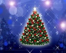 Christmas tree adorned with red and gold decorations stands against a blue background with stars and snowflakes.