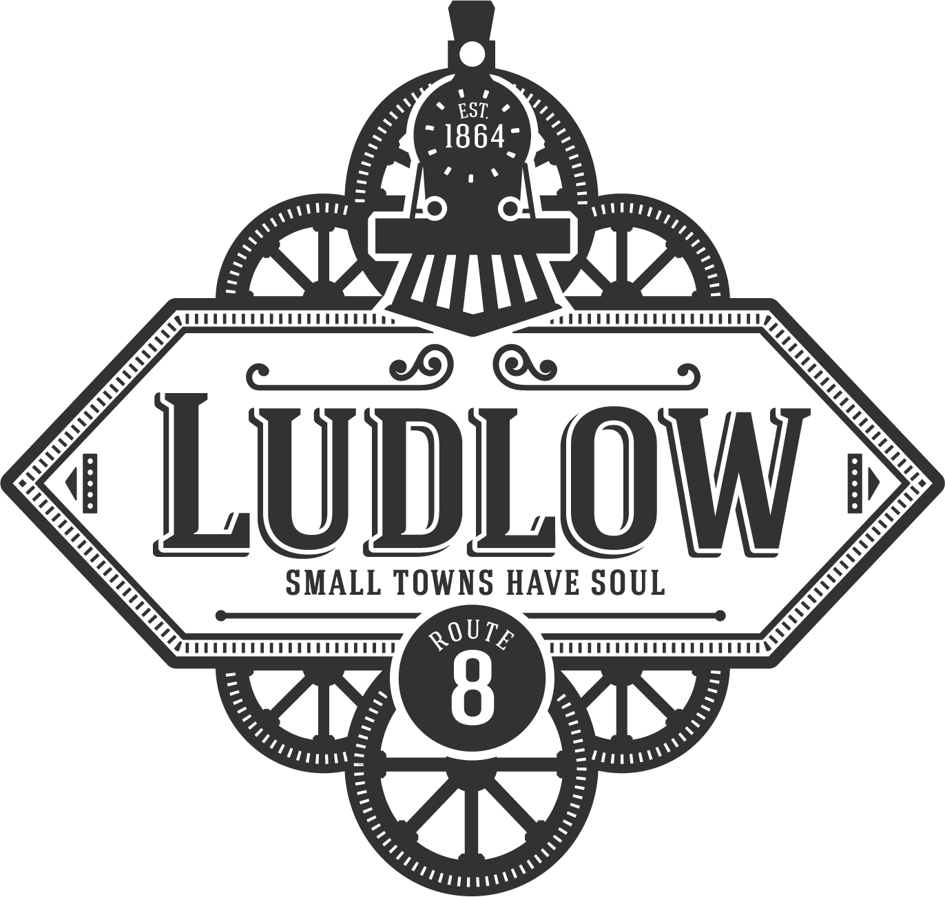 Black and white Ludlow emblem with a vintage train design, featuring 