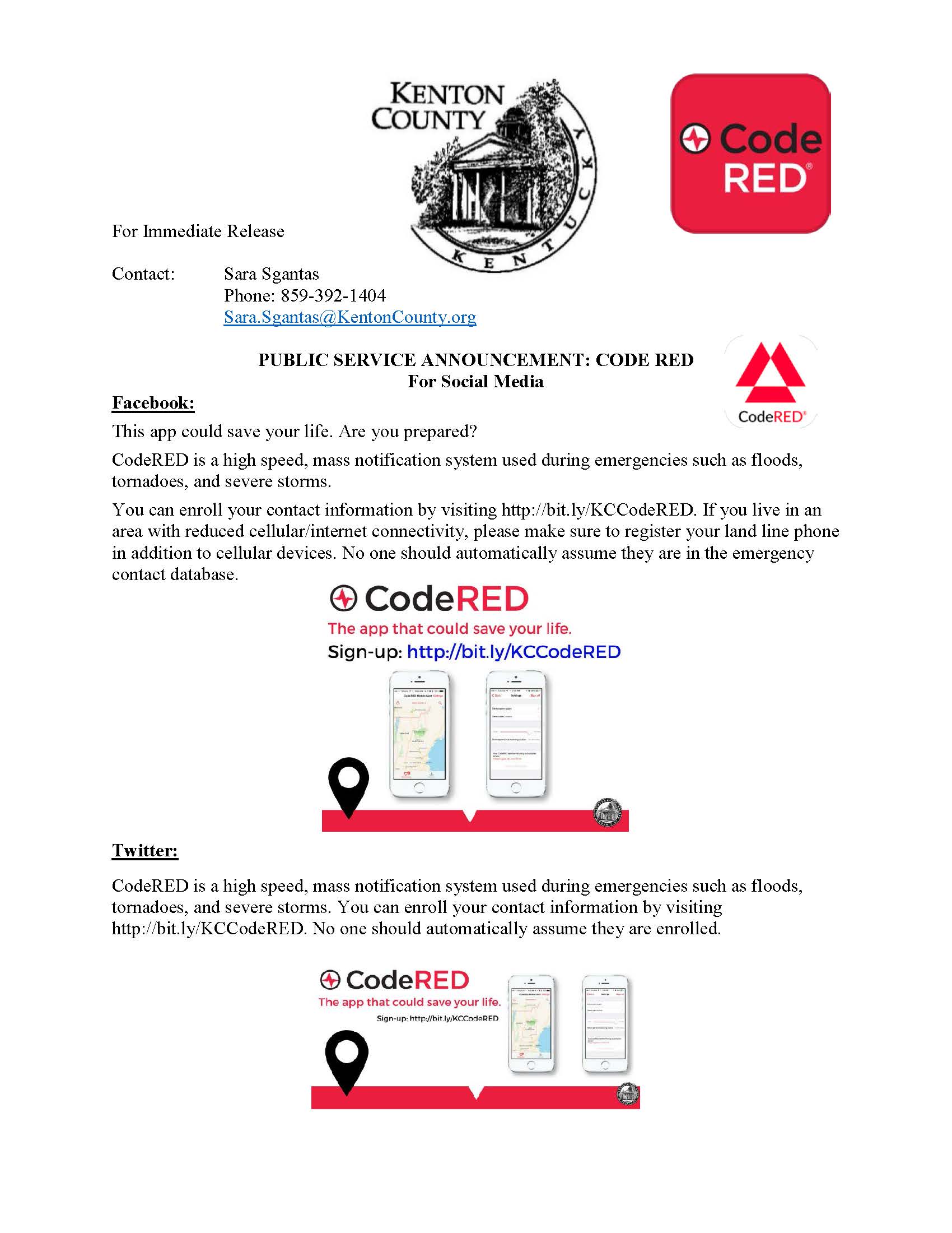 Public service announcement for CodeRED, a mass notification system for emergencies, with contact details and enrollment information.
