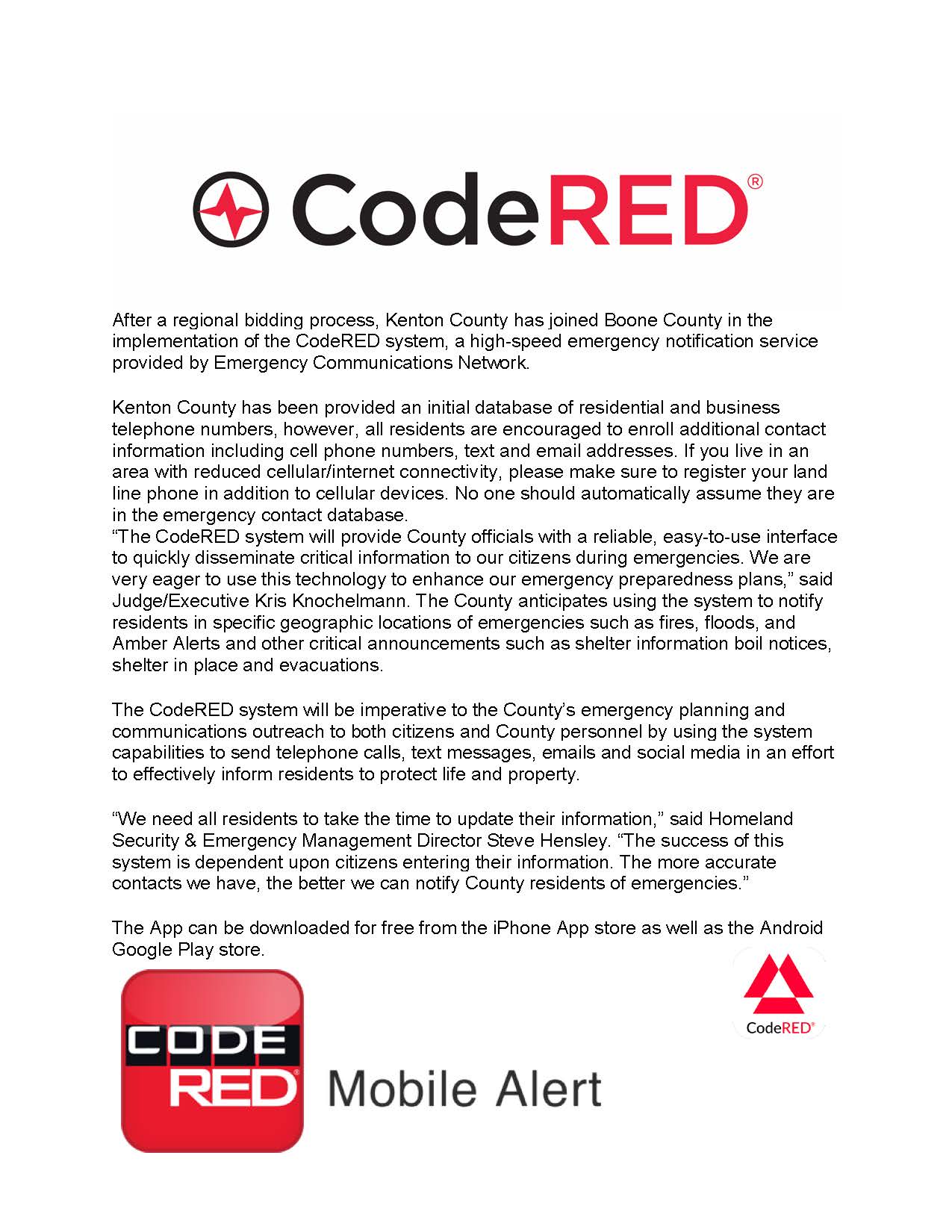 CodeRED emergency notification flyer detailing Kenton County's adoption of the system, contact registration, and app download information.