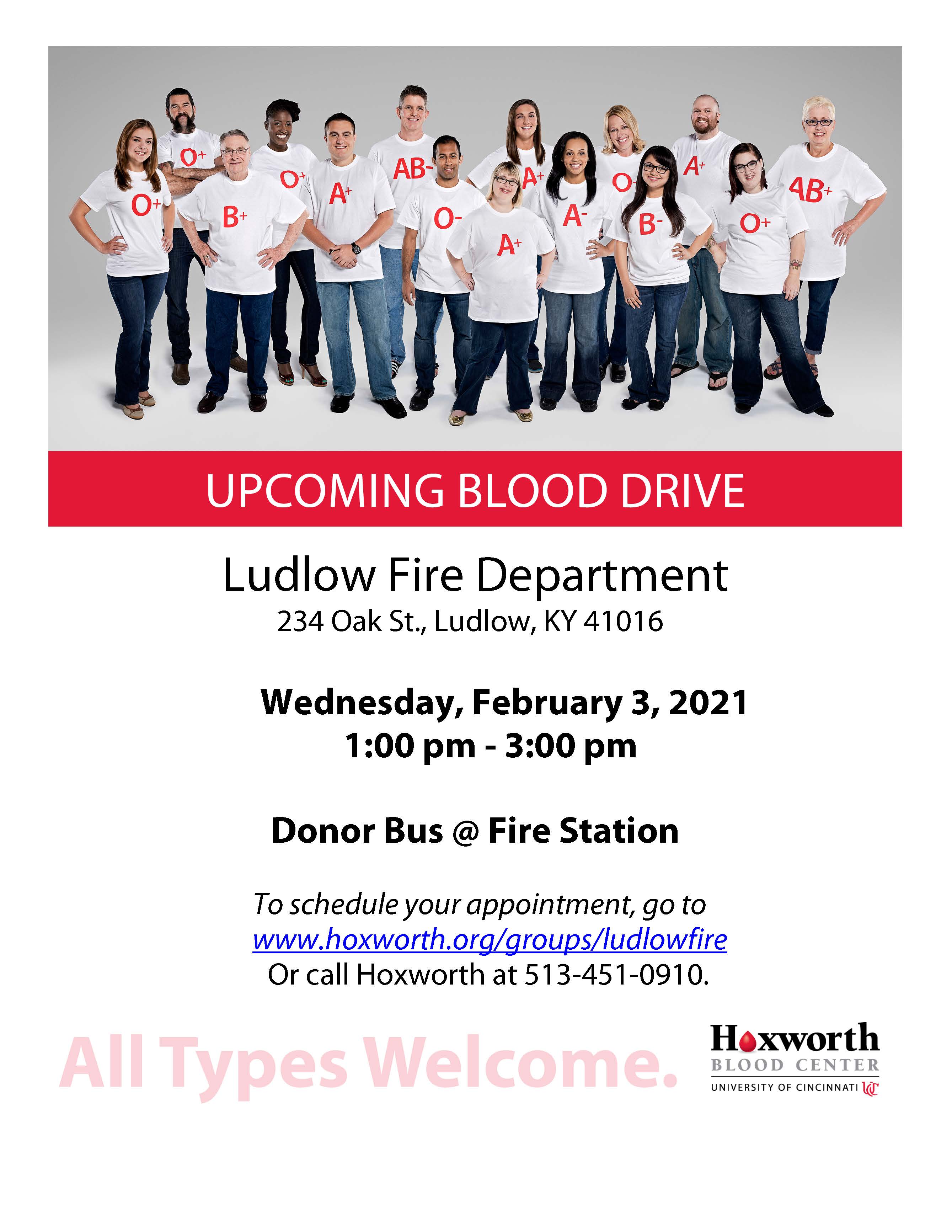 Group photo of 14 people in white shirts with blood types, promoting a blood drive at Ludlow Fire Department on February 3, 2021.