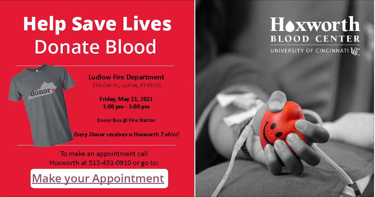 Blood donation flyer for Hoxworth Blood Center event at Ludlow Fire Department on May 21, 2021, with contact info.