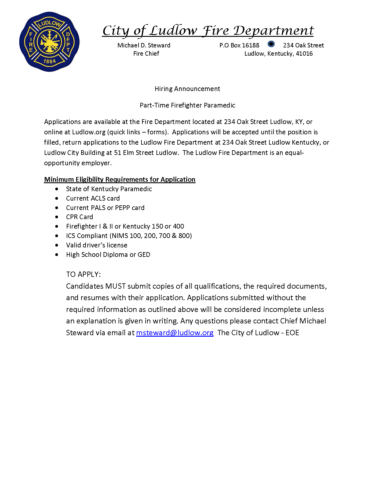 Hiring announcement for a part-time firefighter paramedic by the City of Ludlow Fire Department with application details and requirements.