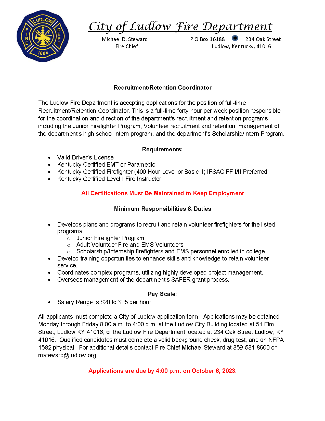 City of Ludlow Fire Department job posting for a Recruitment/Retention Coordinator with requirements, duties, and application deadline.