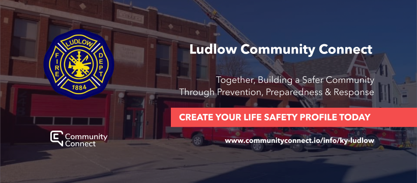 Ludlow Fire Department building with Community Connect logo and text promoting safety profile creation.
