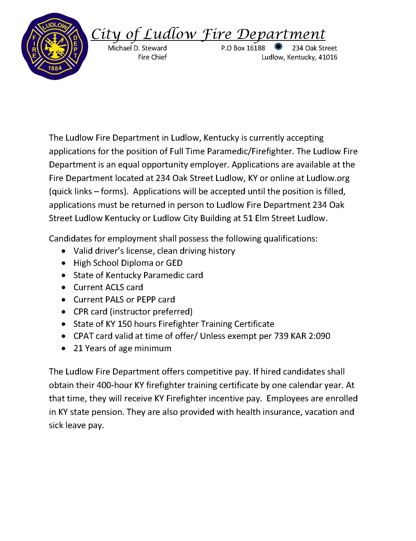 City of Ludlow Fire Department job posting for full-time paramedic/firefighter, detailing application process and necessary qualifications.