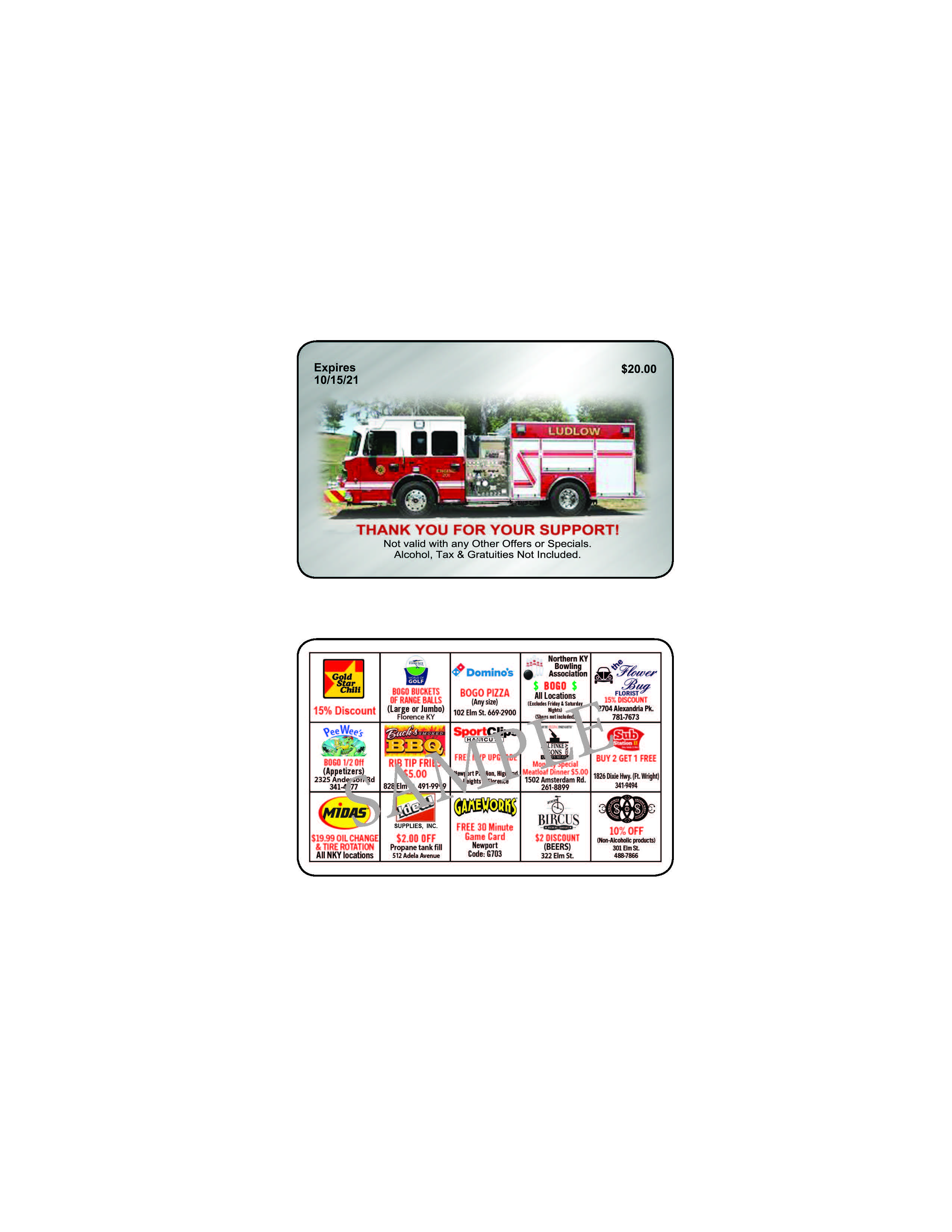 A gift card displaying a fire truck and multiple discount offers from various local businesses.