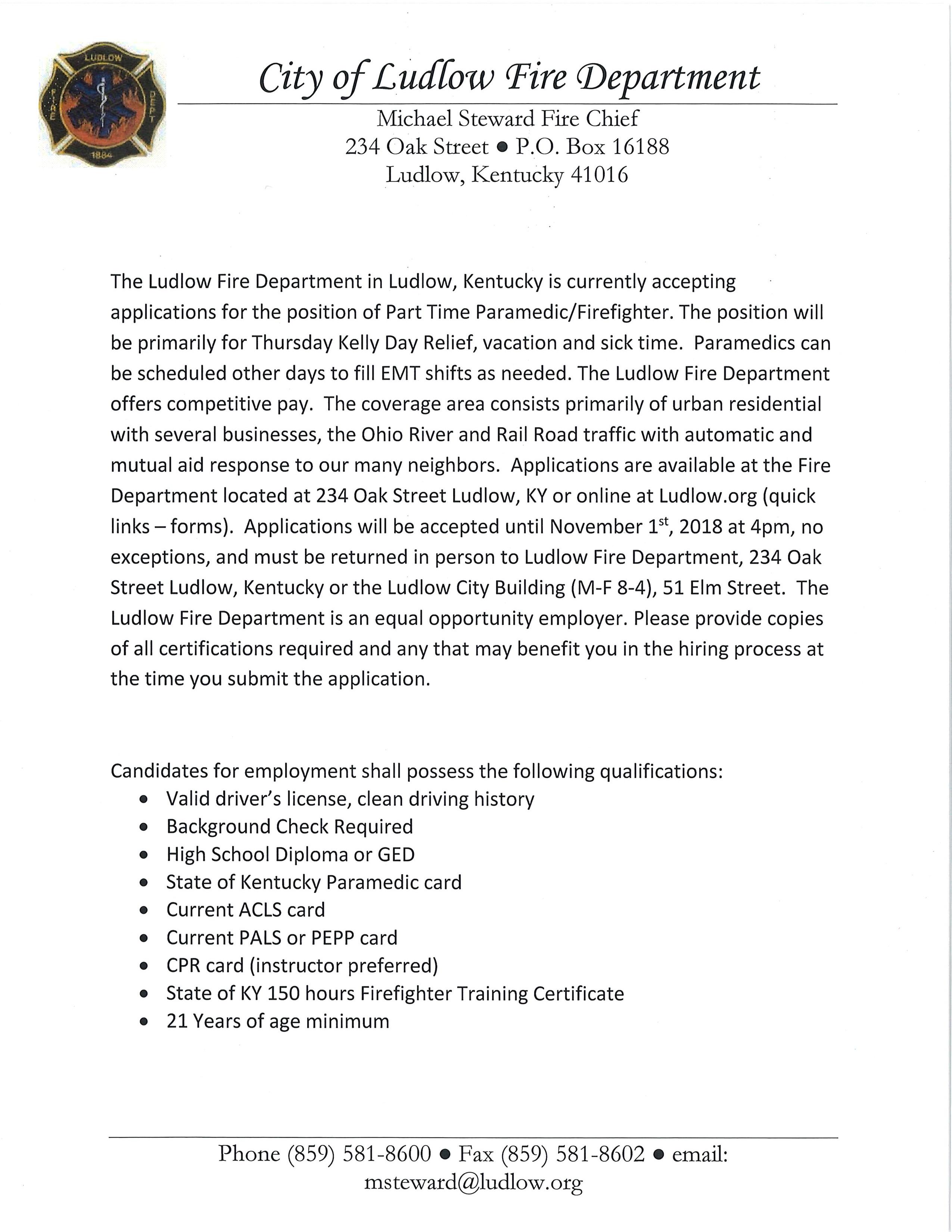 Announcement for part-time paramedic/firefighter applications at Ludlow Fire Department, KY, with job details and qualifications.