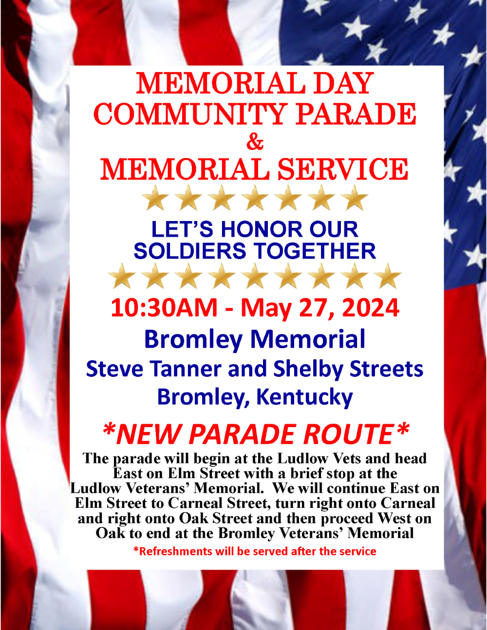 Flyer for Memorial Day Community Parade and Service on May 27, 2024, in Bromley, Kentucky, detailing event and parade route.