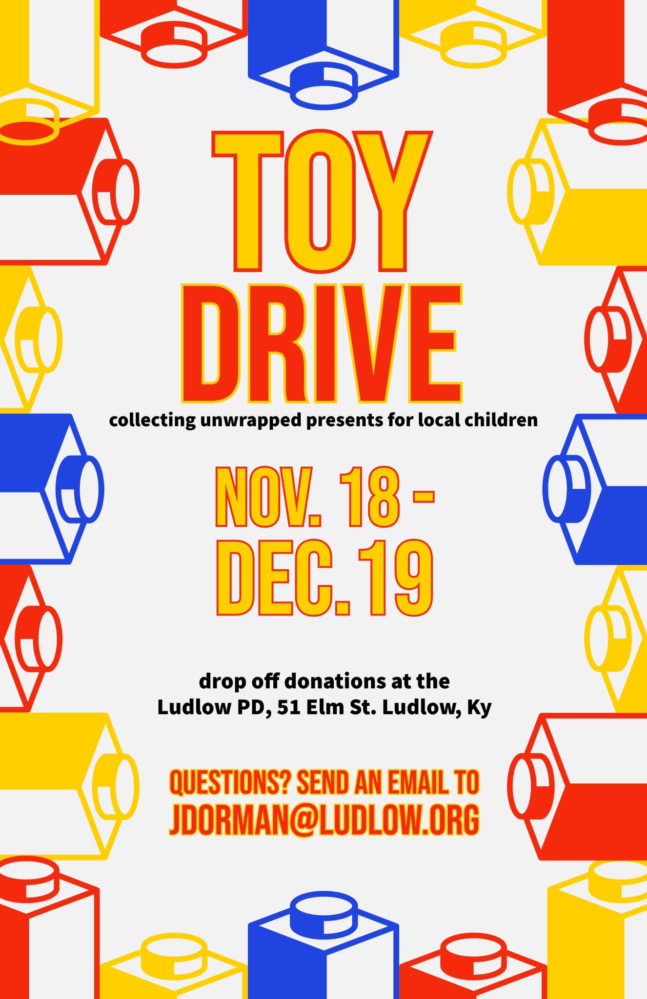 Toy drive flyer with block graphics, dates Nov. 18 to Dec. 19, and donation location at Ludlow PD, Ludlow, KY.