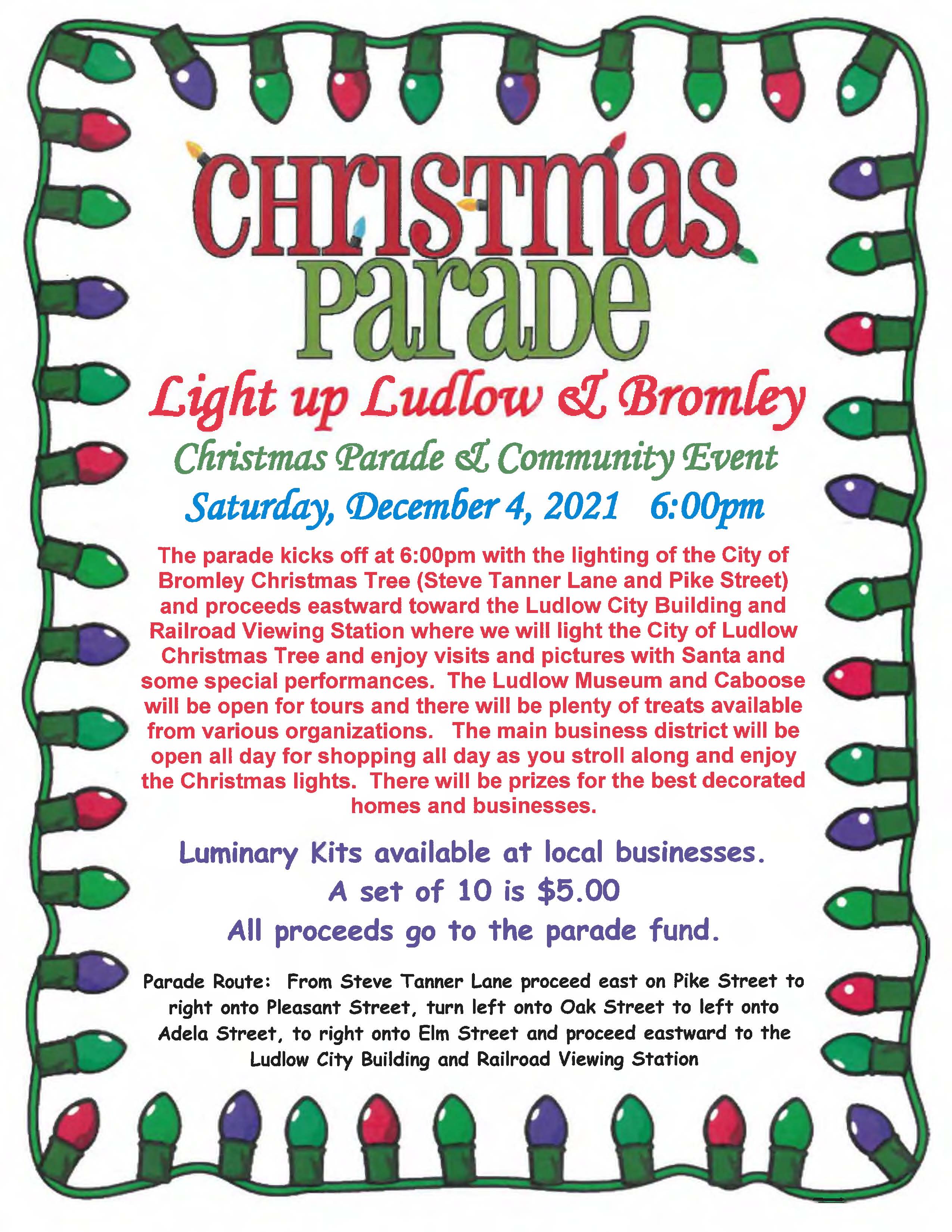Festive Christmas Parade flyer detailing event information, date, time, route, and luminary kit sales.