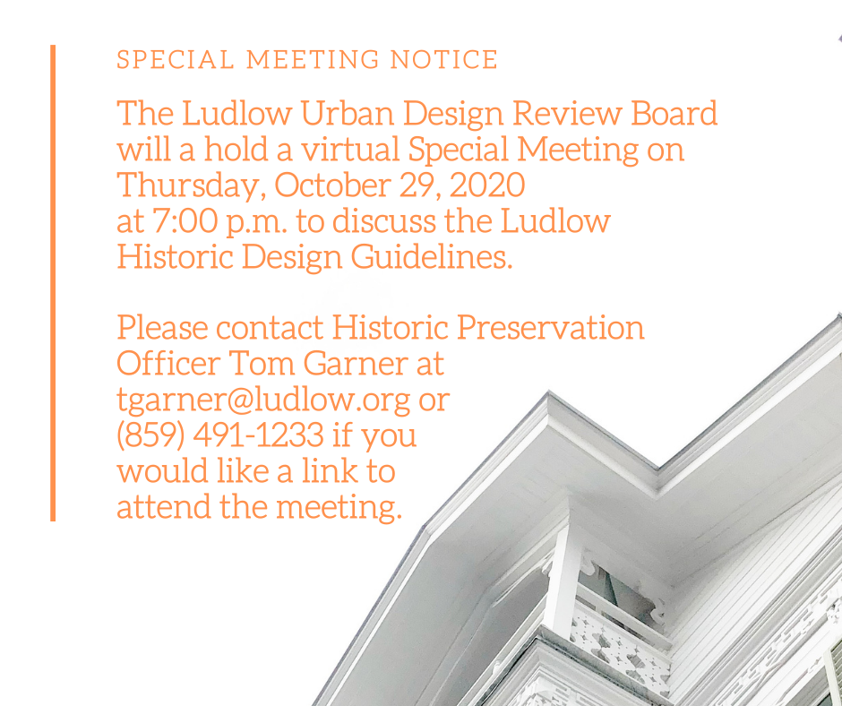 Notice for a virtual special meeting of the Ludlow Urban Design Review Board on October 29, 2020, with contact details.