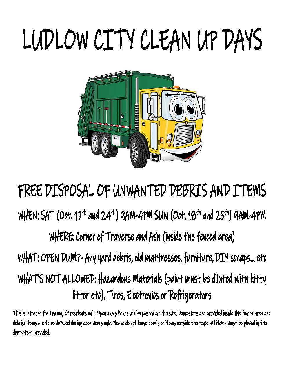 Ludlow City Clean Up Days poster detailing event dates, location, accepted items, and prohibited materials with an illustrated truck.