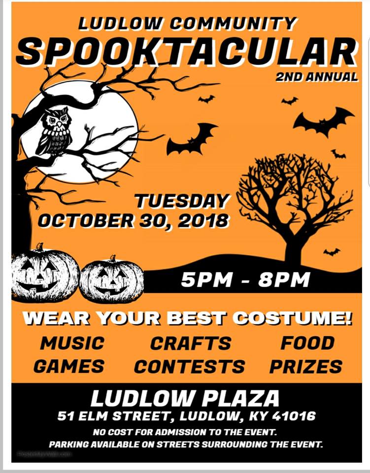Flyer for Ludlow Community Spooktacular event on October 30, 2018, 5-8 PM at Ludlow Plaza, featuring music, crafts, and contests.