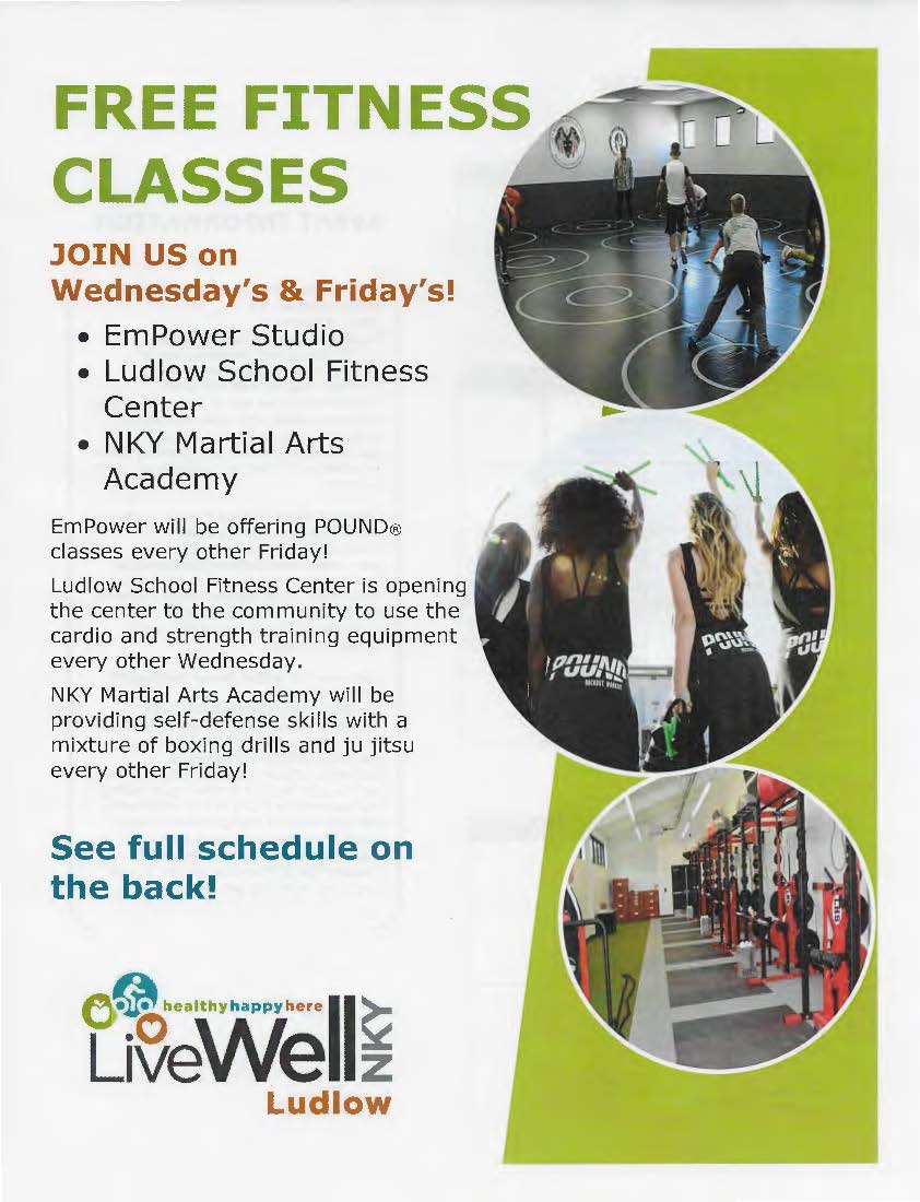 Flyer for free fitness classes with images of a workout studio, participants, and gym equipment, featuring schedule details.
