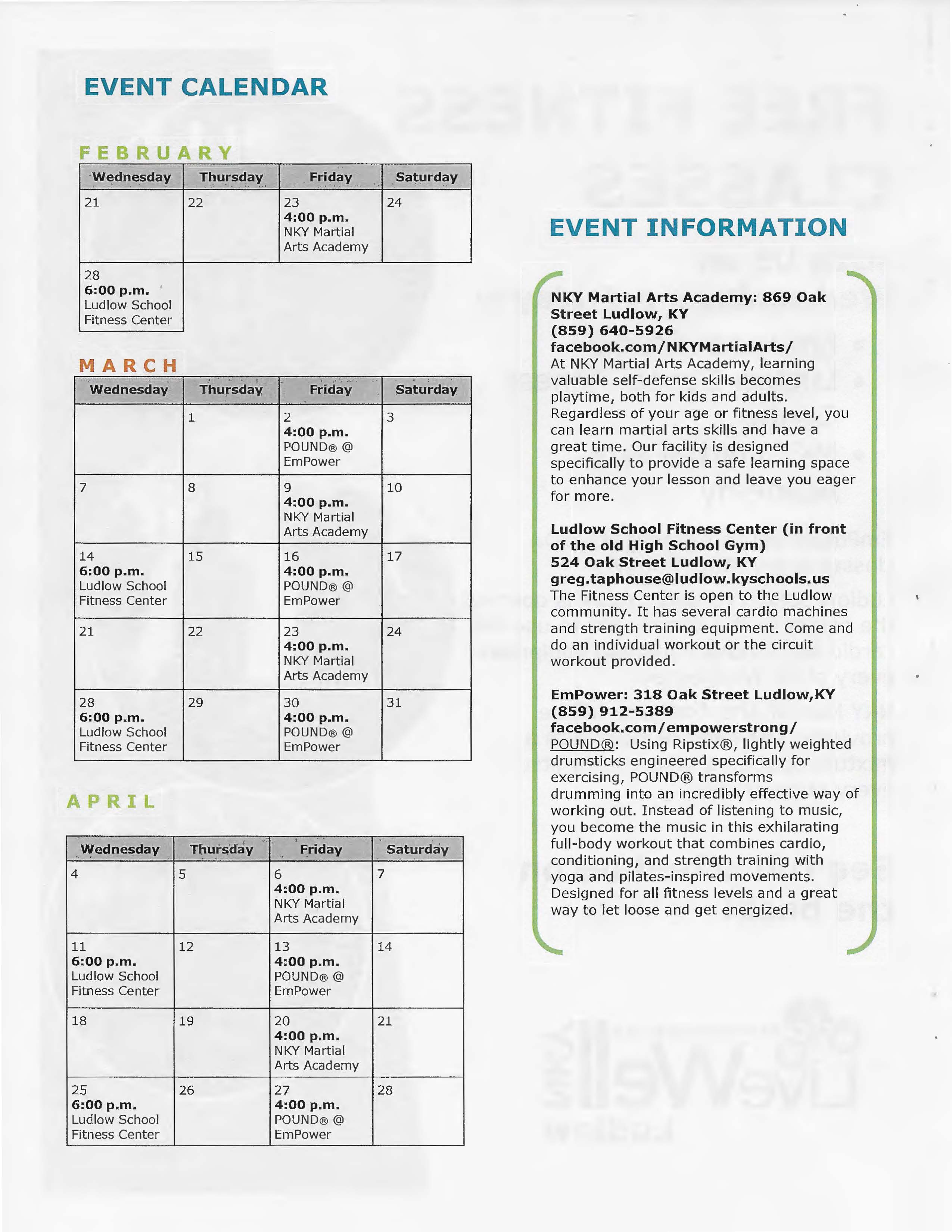 Event calendar listing activities for February to April, including martial arts, POUND® classes, and fitness center sessions.