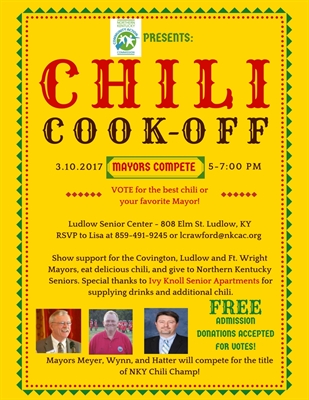 Flyer for a Chili Cook-Off on March 10, 2017, from 5-7 PM at Ludlow Senior Center, featuring mayors competing, with free admission.