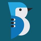 Stylized logo of a bird with shades of blue and black on a teal background.