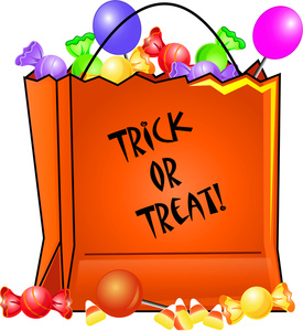 Orange trick-or-treat bag filled with various colorful candies.