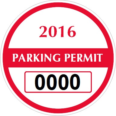 Red and white parking permit sticker for 2016 with the number 0000 displayed.