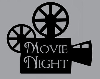 Silhouette of a film projector with reels and the words 