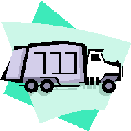 Illustration of a garbage truck with a white cab and gray body against a geometric background.