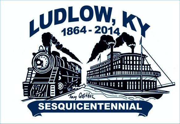 Logo for Ludlow, KY Sesquicentennial featuring a train and steamboat with the years 1864-2014.