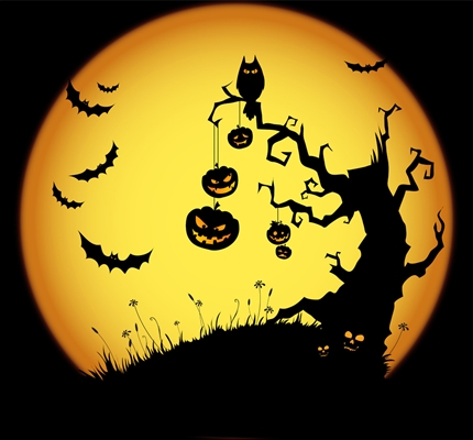 Silhouette of a twisted tree, bats, and jack-o'-lanterns against a large yellow moon on a dark background.
