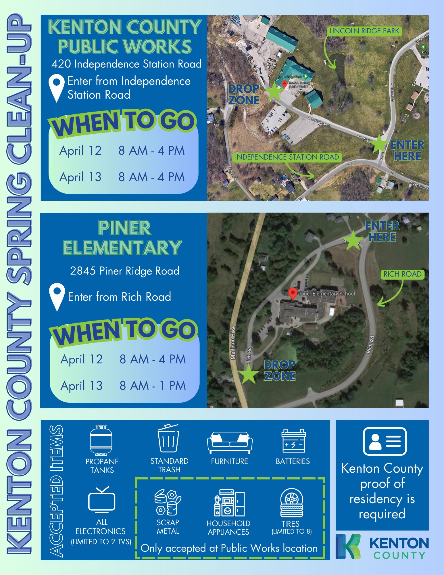 Kenton County Spring Clean-up flyer detailing drop-off locations, dates, times, and accepted items for disposal.