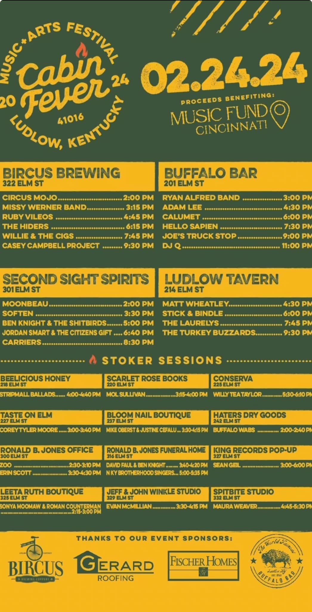 Cabin Fever Music and Arts Festival flyer detailing event schedule, locations, and sponsors for February 24, 2024, in Ludlow, Kentucky.