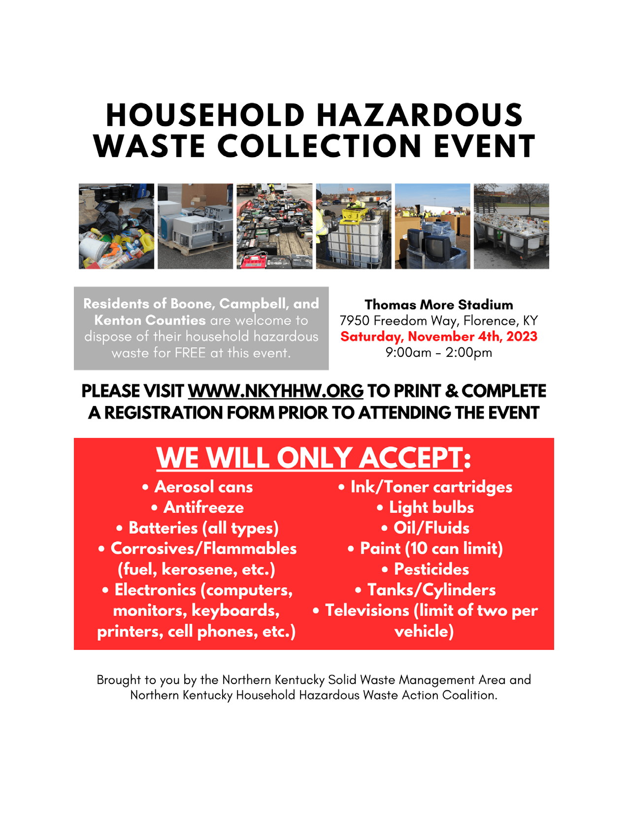 Flyer for a Household Hazardous Waste Collection Event on November 4, 2023, at Thomas More Stadium in Florence, KY.