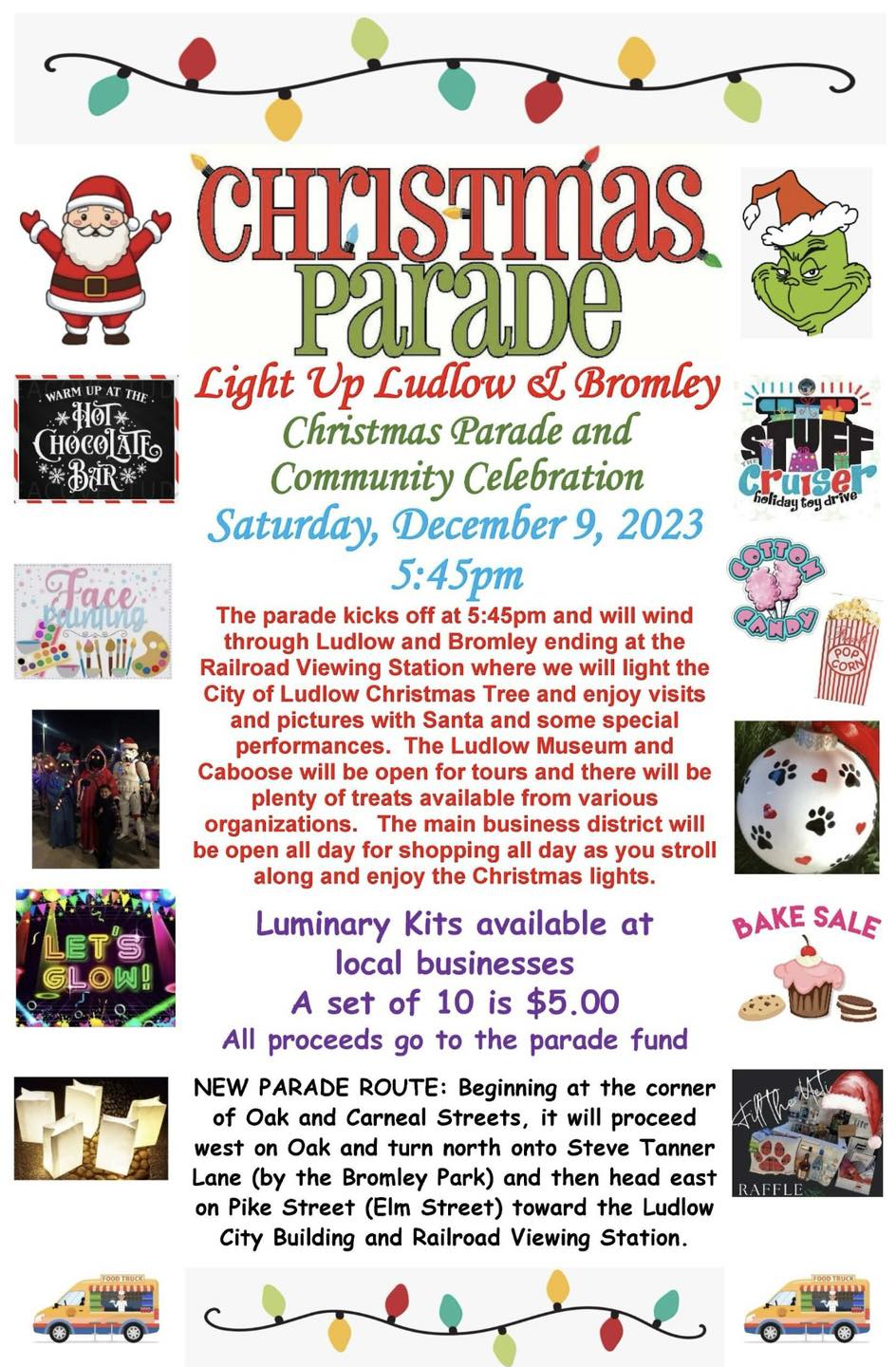 Christmas Parade flyer for Ludlow and Bromley, scheduled for Saturday, December 9, 2023, at 5:45 PM with event details.