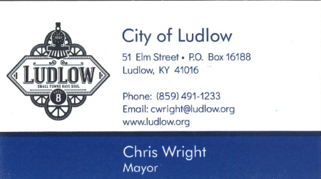 Business card for the City of Ludlow, Kentucky, includes contact information and Mayor Chris Wright's name.