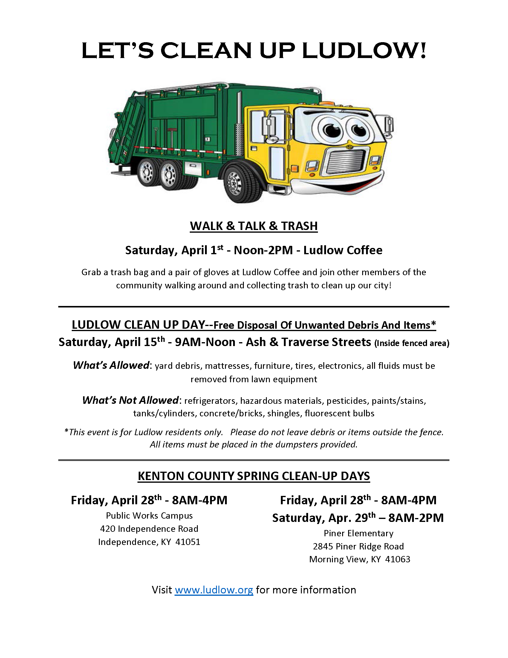Flyer for “Let’s Clean Up Ludlow!” lists cleanup events in April 2023, with dates, locations, and allowed/disallowed items.
