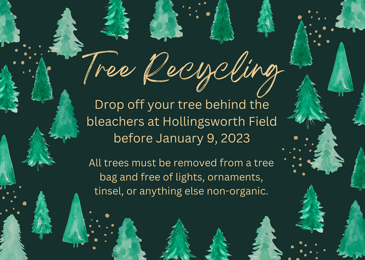 Tree recycling notice with a drop-off location at Hollingsworth Field before January 9, 2023, surrounded by illustrated trees.
