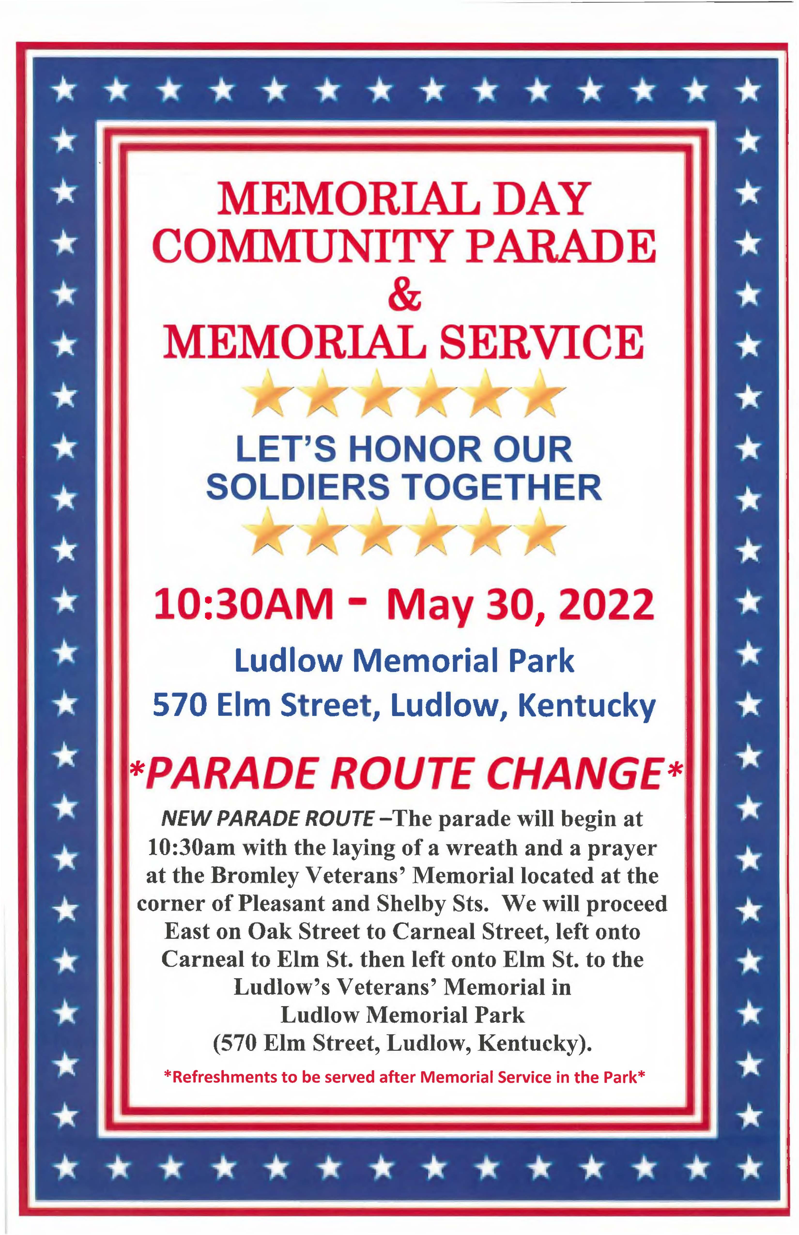 Flyer for a Memorial Day Community Parade and Service on May 30, 2022, at 10:30 AM, at Ludlow Memorial Park in Kentucky with route details.