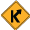 Yellow road sign with a black curving arrow and the letter 