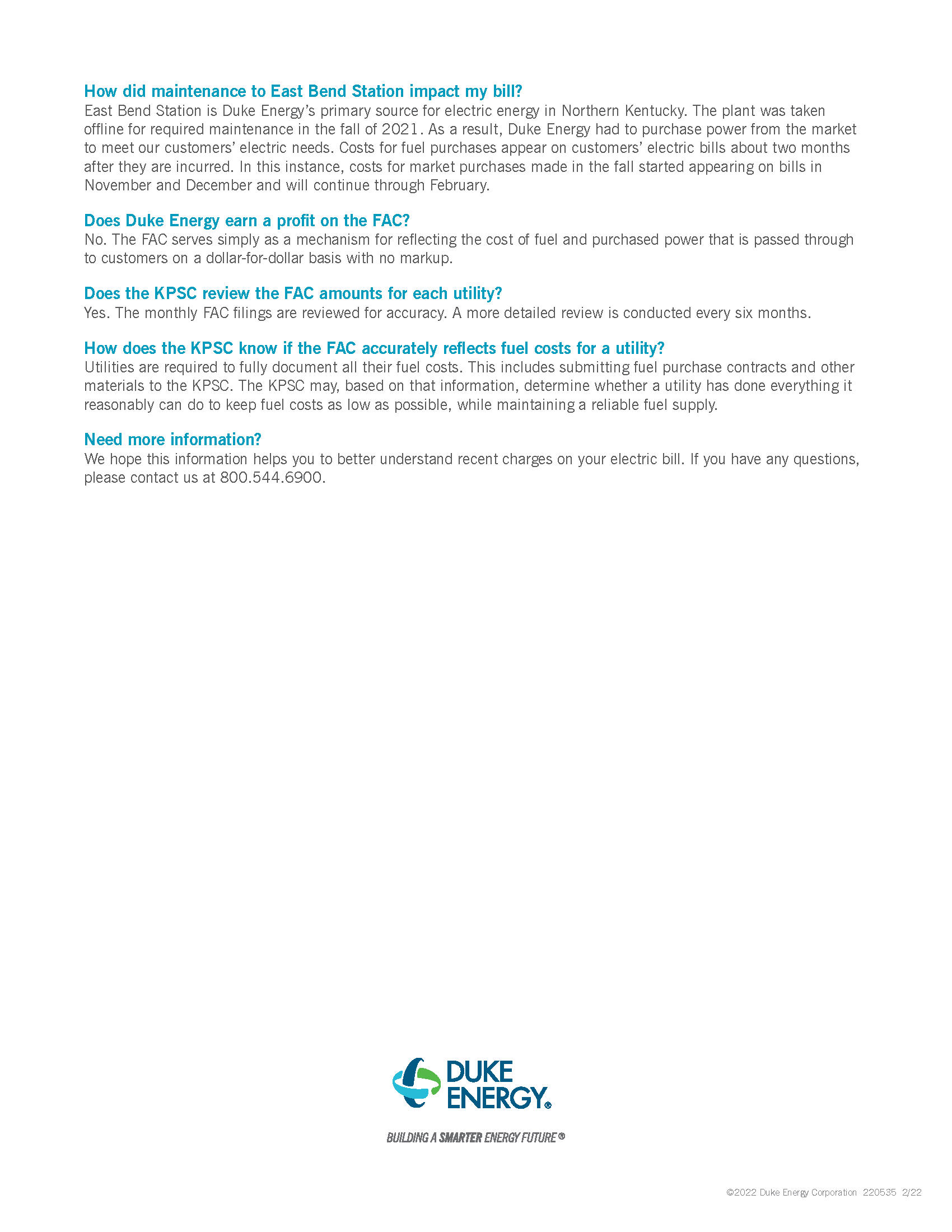 Informational text from Duke Energy explaining the impact of East Bend Station maintenance on bills, FAC profits, and review processes.