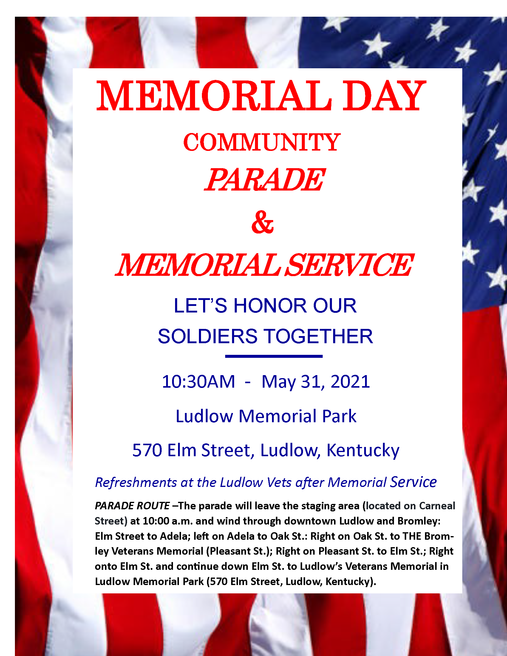 Flyer for Memorial Day Community Parade and Memorial Service on May 31, 2021, at 10:30 AM in Ludlow Memorial Park, Kentucky.