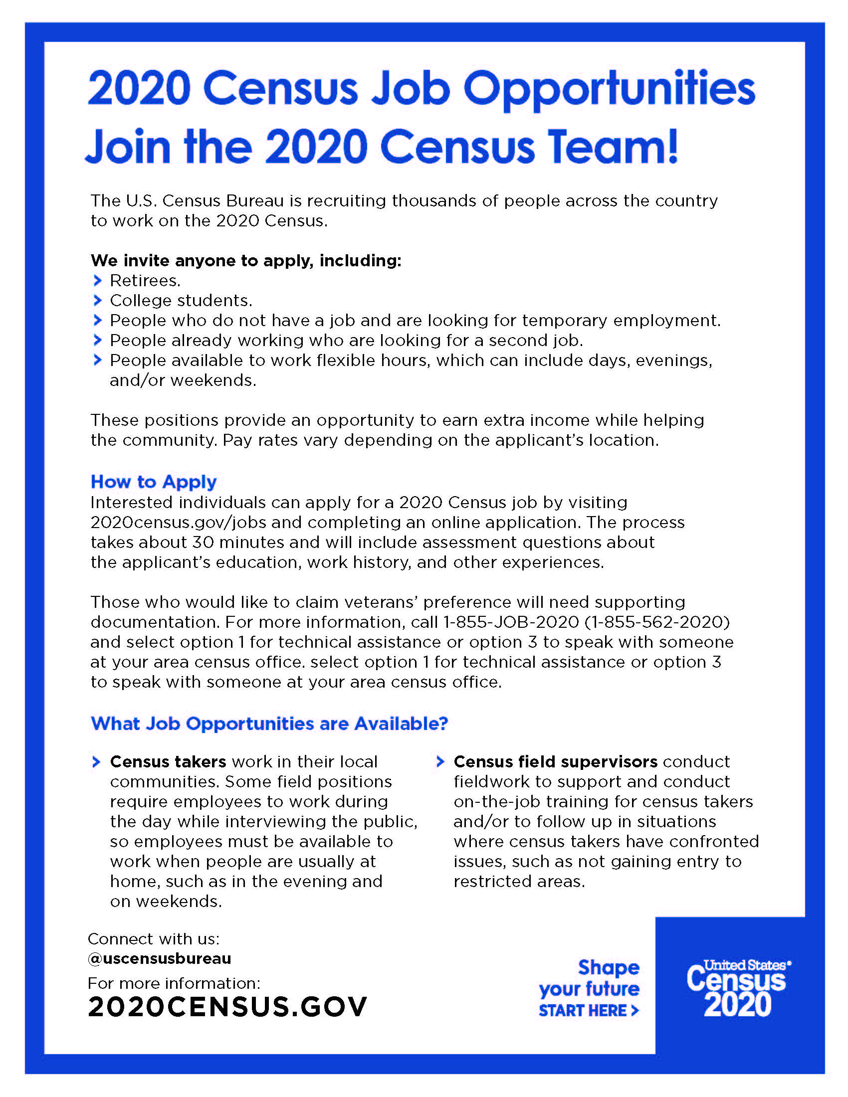 Flyer for 2020 Census job opportunities, detailing how to apply, available roles, and contact information.