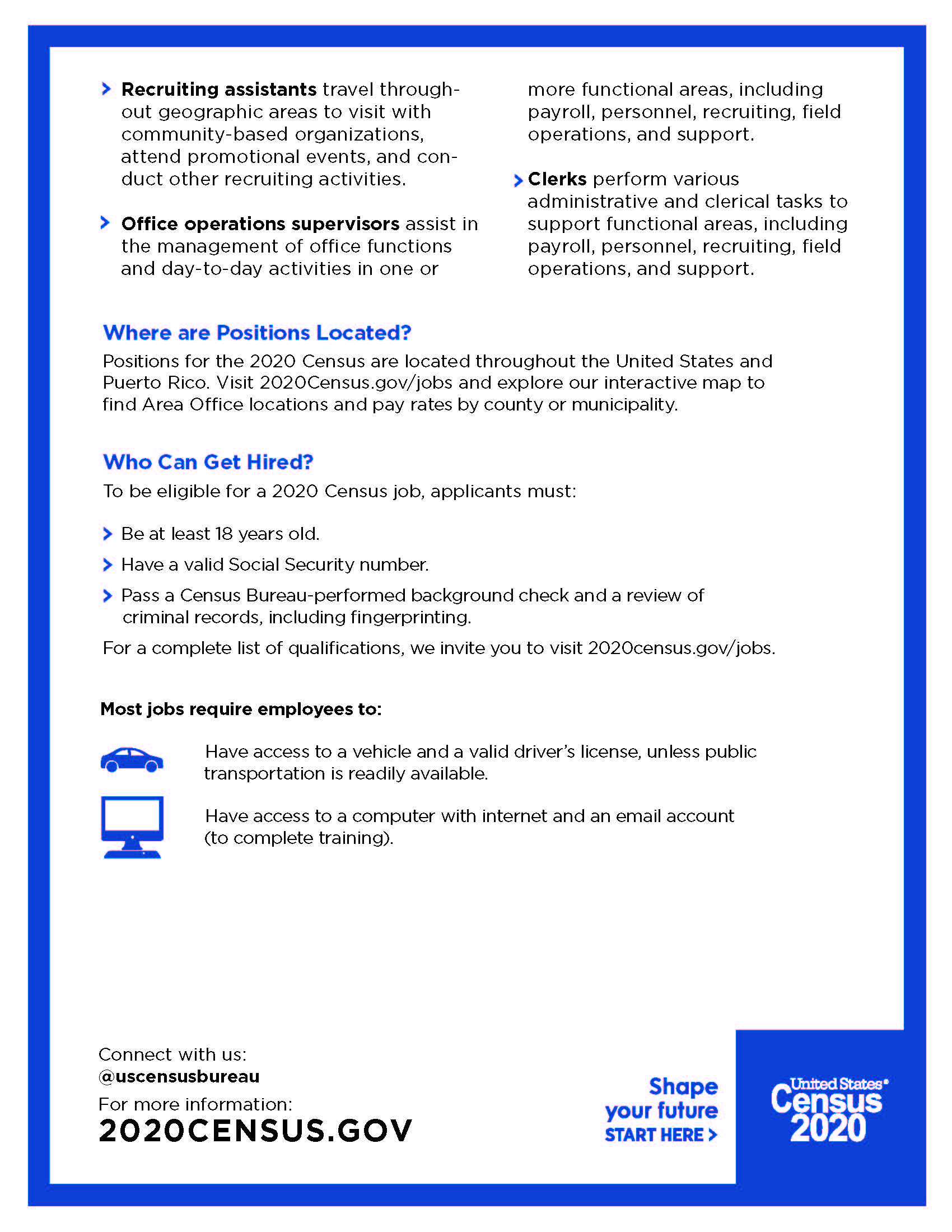Flyer detailing 2020 Census job opportunities, applicant requirements, and contact information on a blue-bordered background.