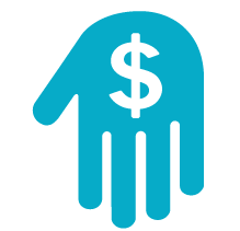 A blue hand icon with a white dollar sign in the center.