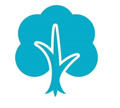 A stylized blue tree icon with a simple trunk and cloud-like canopy.