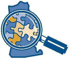 A blue puzzle piece map with various colored pieces is viewed through a magnifying glass.