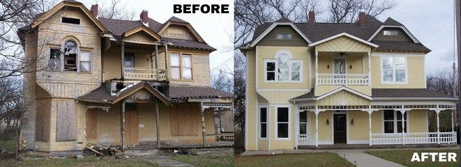 Side-by-side comparison of a two-story house before and after restoration, showcasing significant exterior improvements.