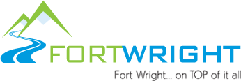 Logo of Fort Wright featuring stylized green mountains and a blue river.