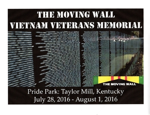 The image shows text about The Moving Wall, a Vietnam Veterans Memorial at Pride Park, Taylor Mill, Kentucky, from July 28 to August 1, 2016.