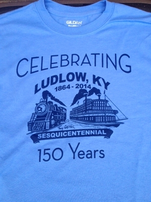 Blue T-shirt featuring a graphic with a train and riverboat, text reads 